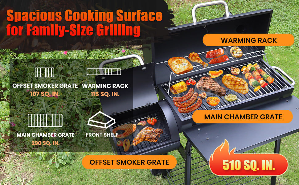 Realcook Charcoal Grills with Offest Smokers: Spacious Barrel Charcoal BBQ Grill | Barbecue Smoker Grill Combo for Outdoor Backyard Patio Camping Picnic and Party