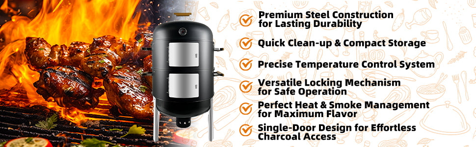 Realcook Vertical Charcoal Smoker Grills: Premium 20.5 Inch BBQ Meat Smokers - Barbecue Charcoal Grill Smoker Combo for Outdoor Cooking Patio Backyard Picnic Party Grilling