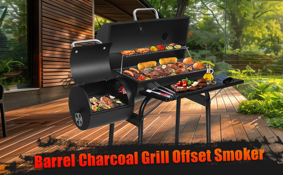 Realcook Charcoal Grills with Offest Smokers: Spacious Barrel Charcoal BBQ Grill | Barbecue Smoker Grill Combo for Outdoor Backyard Patio Camping Picnic and Party