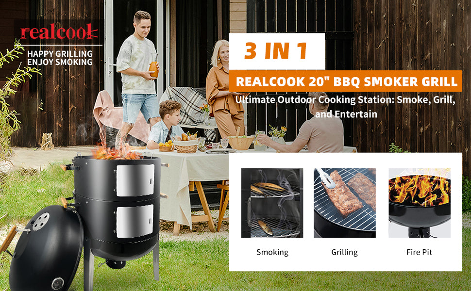 Realcook Vertical Charcoal Smoker Grills: Premium 20.5 Inch BBQ Meat Smokers - Barbecue Charcoal Grill Smoker Combo for Outdoor Cooking Patio Backyard Picnic Party Grilling