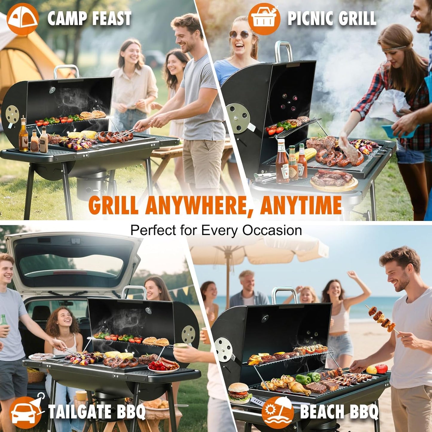 Realcook BBQ Barrel Charcoal Grill: Spacious Premium Outdoor Barbecue Grills with Side Tables - Perfect for Outdoor Cooking Backyard Grilling Patio Tailgating Camping Picnic and Party