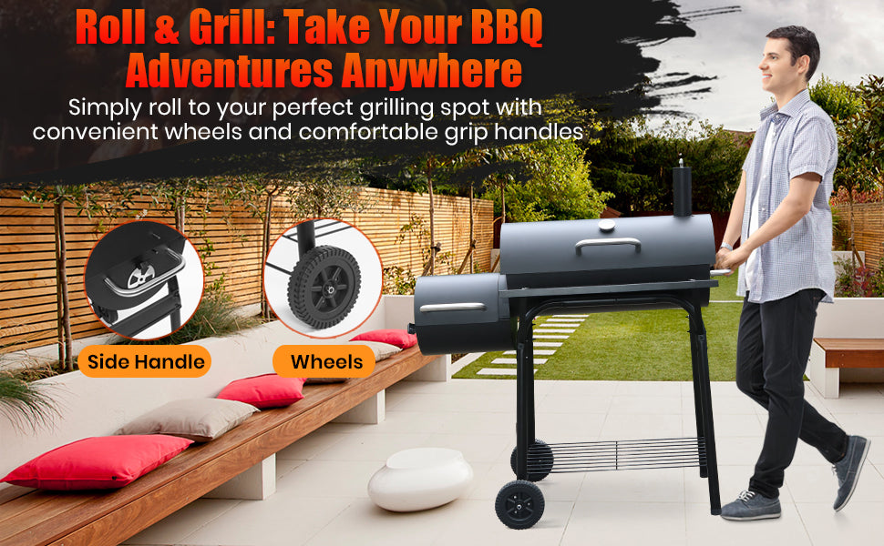 Realcook Charcoal Grills with Offest Smokers: Spacious Barrel Charcoal BBQ Grill | Barbecue Smoker Grill Combo for Outdoor Backyard Patio Camping Picnic and Party