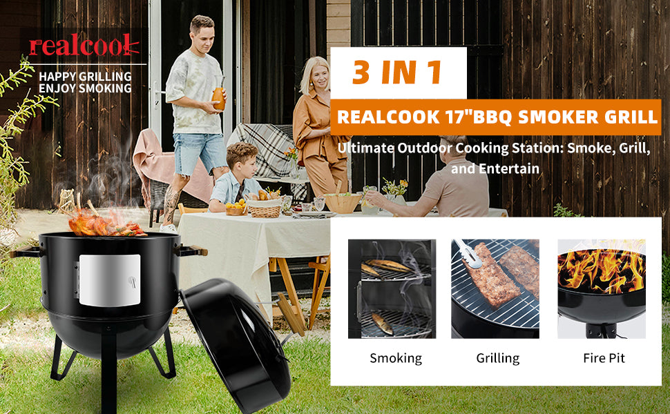 Realcook BBQ Charcoal Smoker Grill: Heavy Duty 17 Inch Vertical Meat Smokers - Porcelain-Enameled Charcoal Grill Smoker Combo for Outdoor Cooking Backyard Picnic Party Grilling
