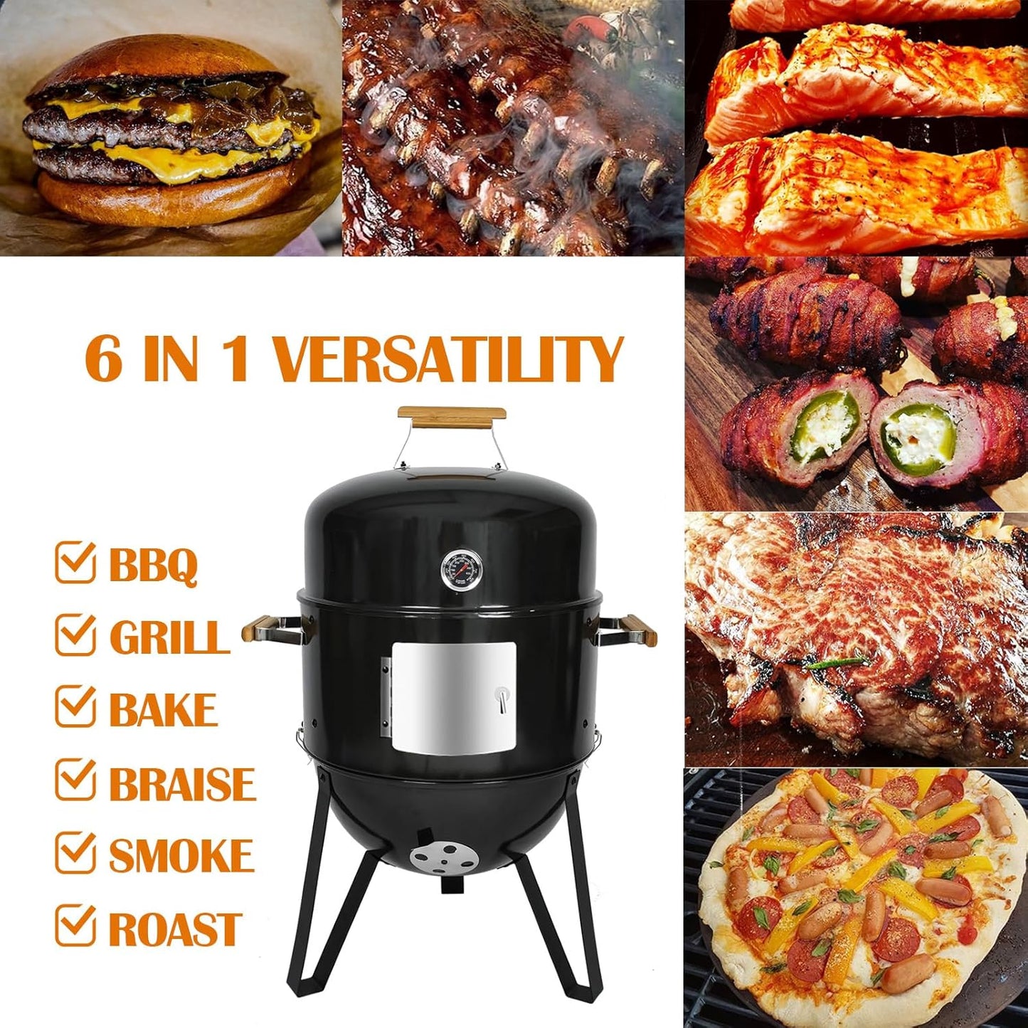 Realcook BBQ Charcoal Smoker Grill: Heavy Duty 17 Inch Vertical Meat Smokers - Porcelain-Enameled Charcoal Grill Smoker Combo for Outdoor Cooking Backyard Picnic Party Grilling