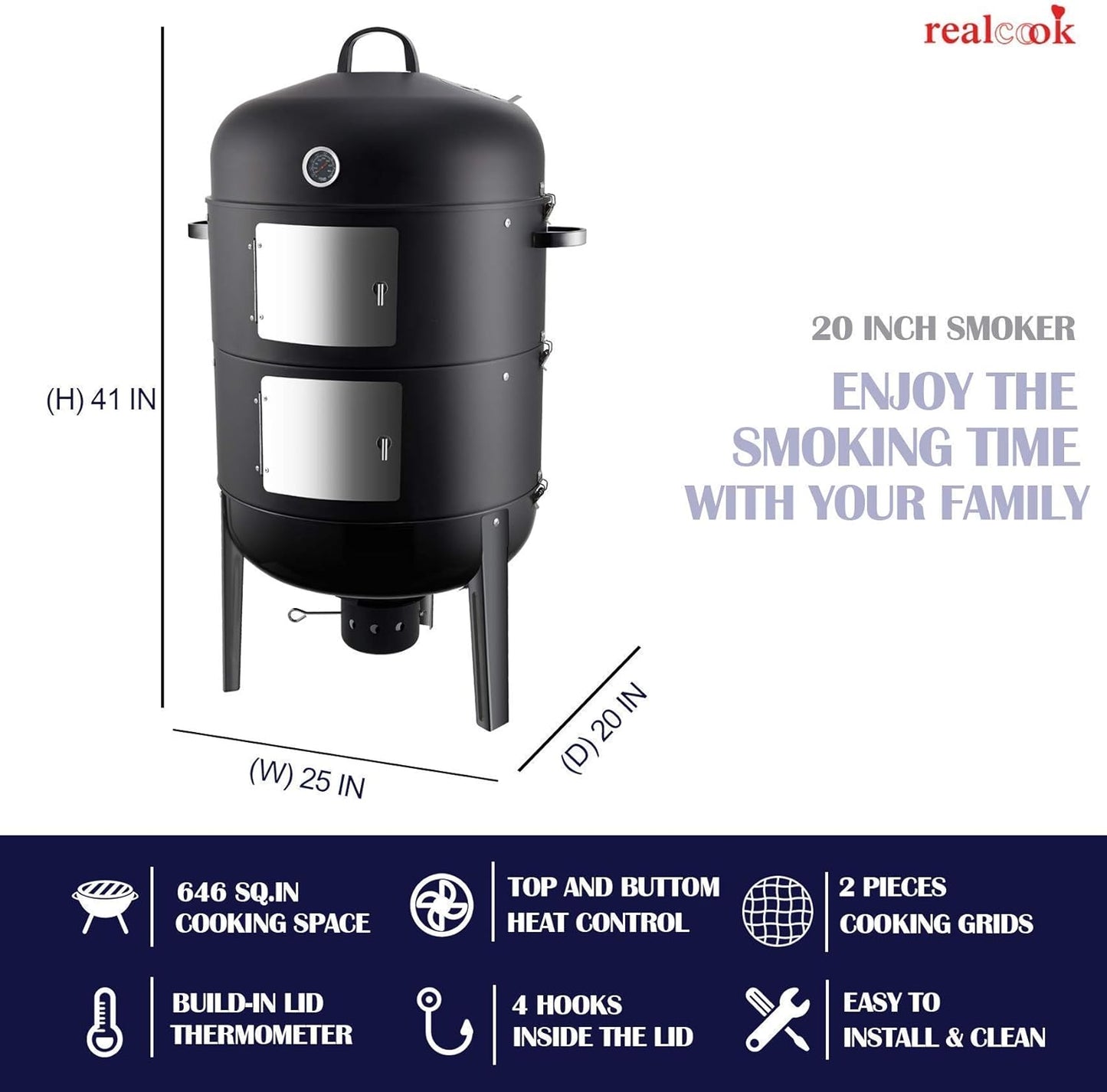 Realcook 20-Inch Charcoal Smoker Grill with Pellet Smoker Tube