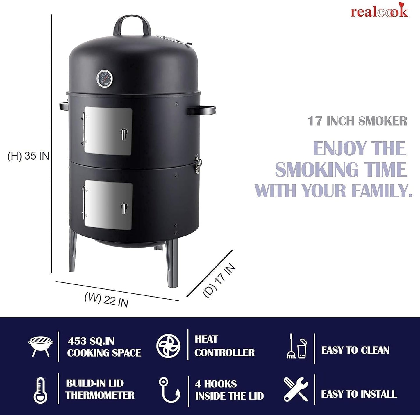 Realcook 17-inch Charcoal Smoker Grill with Cover