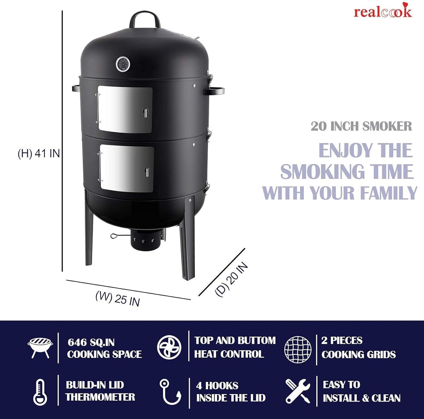 Realcook 20-inch Charcoal Vertical Smoker with Water-resistant Cover